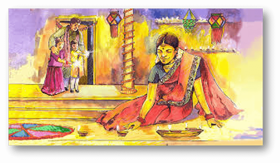 Illustration of a family celebrating Diwali